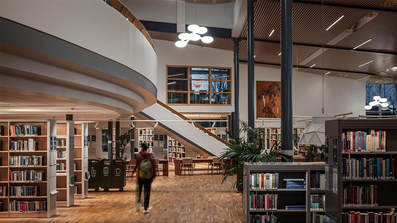 Jubilerande bibliotek med rumsskapande ljusgestaltning